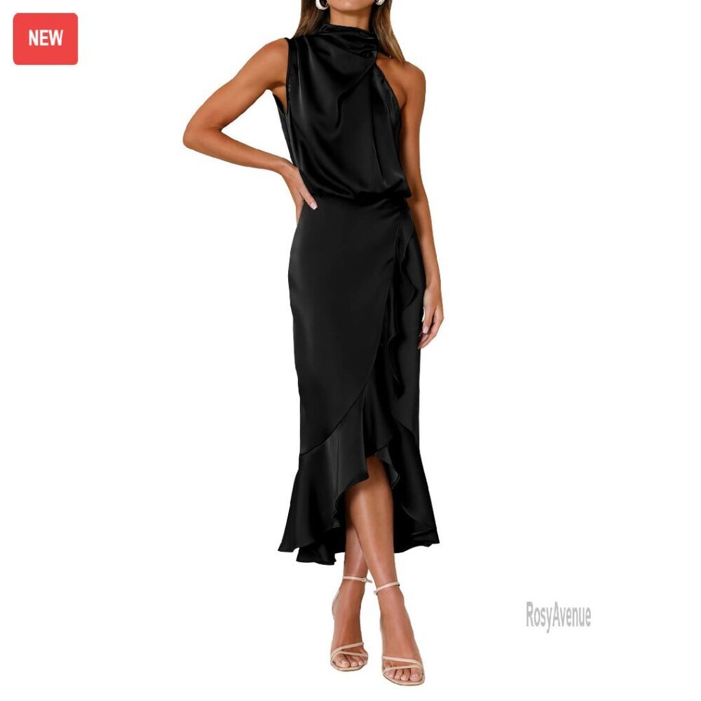 Satin Mock Neck Wrap Midi Dress Formal Cocktail Party Wedding Guest